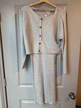 Cyrus Ribbed Knit Cardigan and Tank Dress Set in Light Gray